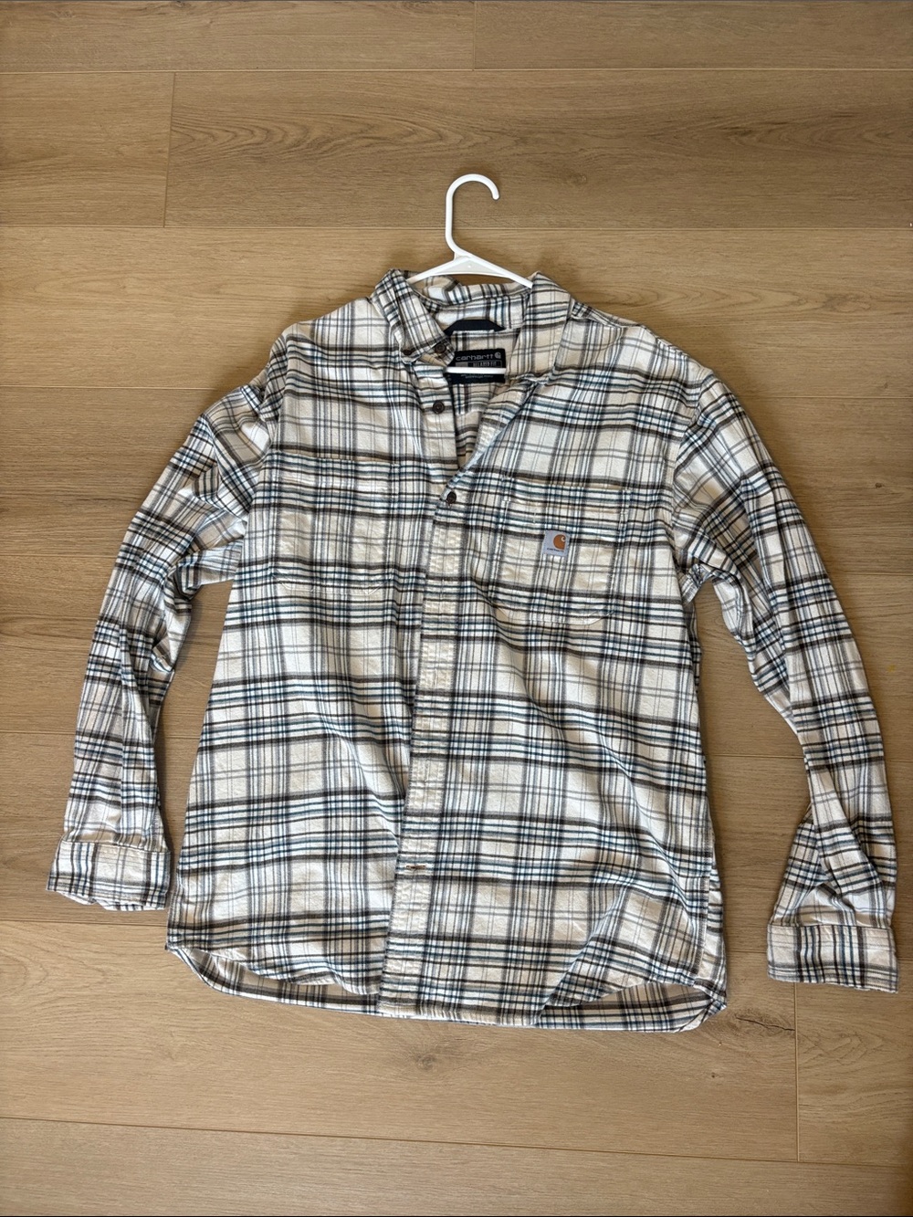 Carhartt Men’s Cream and Black Plaid Long-Sleeve Button-Down Shirt